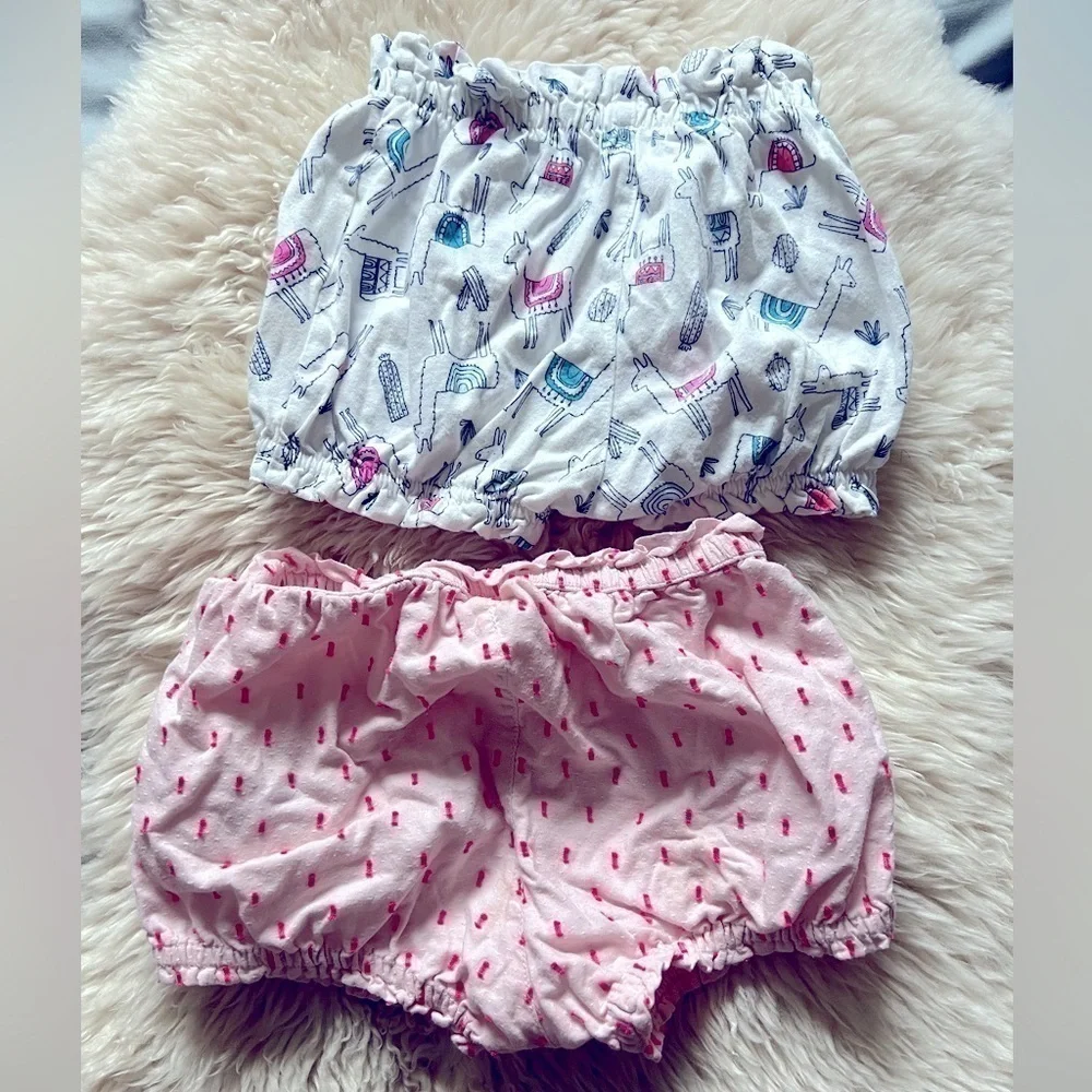 Baby Gap bloomers shorts girls pink w/dark sewn pattern, white llama print 6M